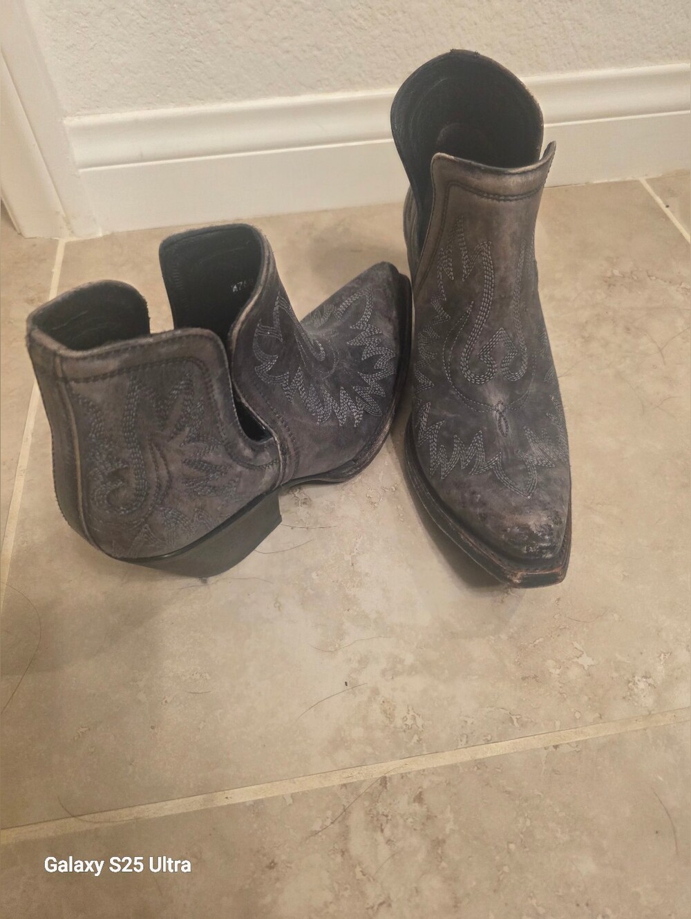 Women’s Distressed Dark Gray Western Ankle Boots - Picture 2 of 3